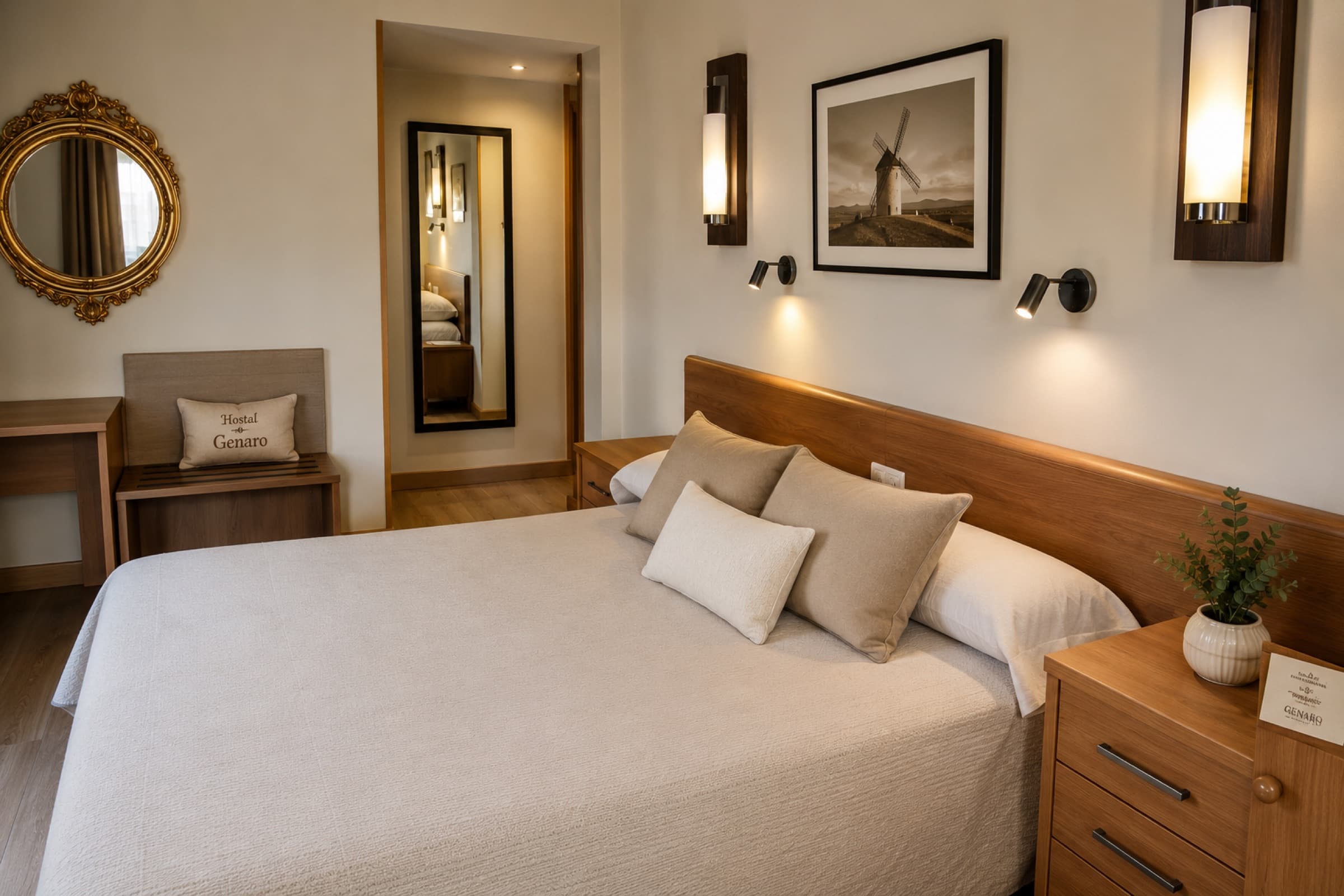 Habitación del Hostal Genaro con mural de molinos de viento